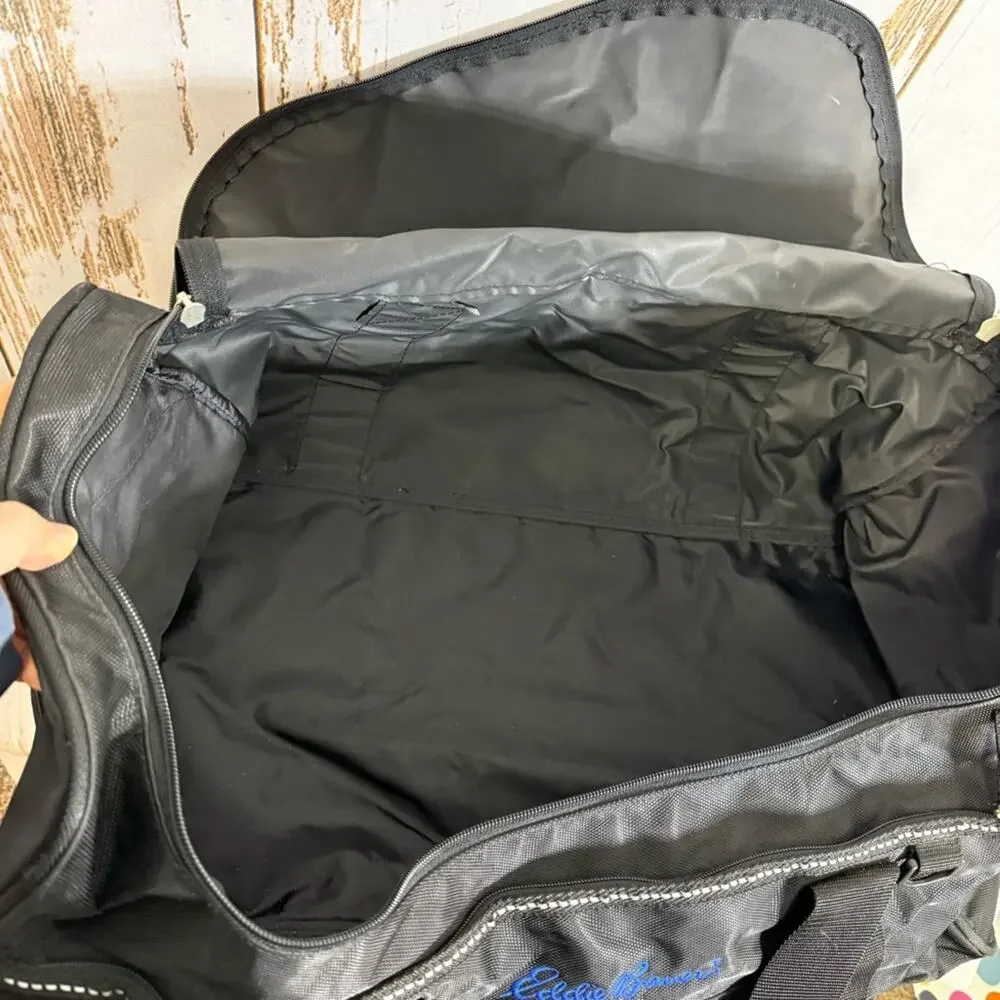 Eddie Bauer Black Carry On Duffel Bag with Blue Logo, Good used condition!